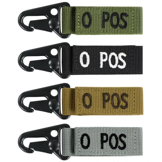 O+ BLOOD TYPE SEWN ON HOOK & LOOP WEBBING STRAP WITH QUICK RELEASE SNAPHOOK.
